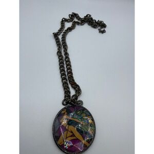 Vintage Fairy Pinup Girl Pendant Necklace Iridescent Purple Gunmetal Curb Chain